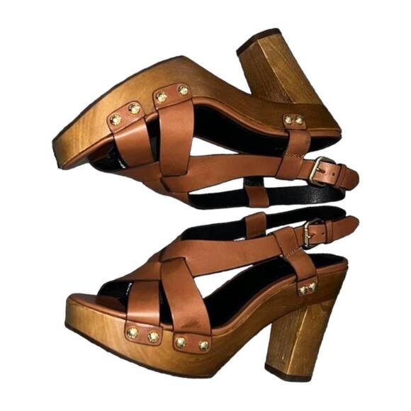 Coach Adessa Brown Leather Platform Heels Sandals Size 9 Slingback Studded - Picture 4 of 9